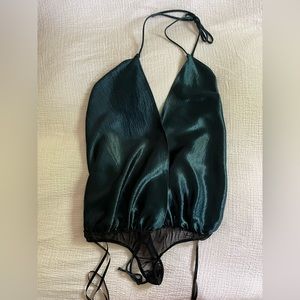 Free People Green Satin Open Back Bodysuit